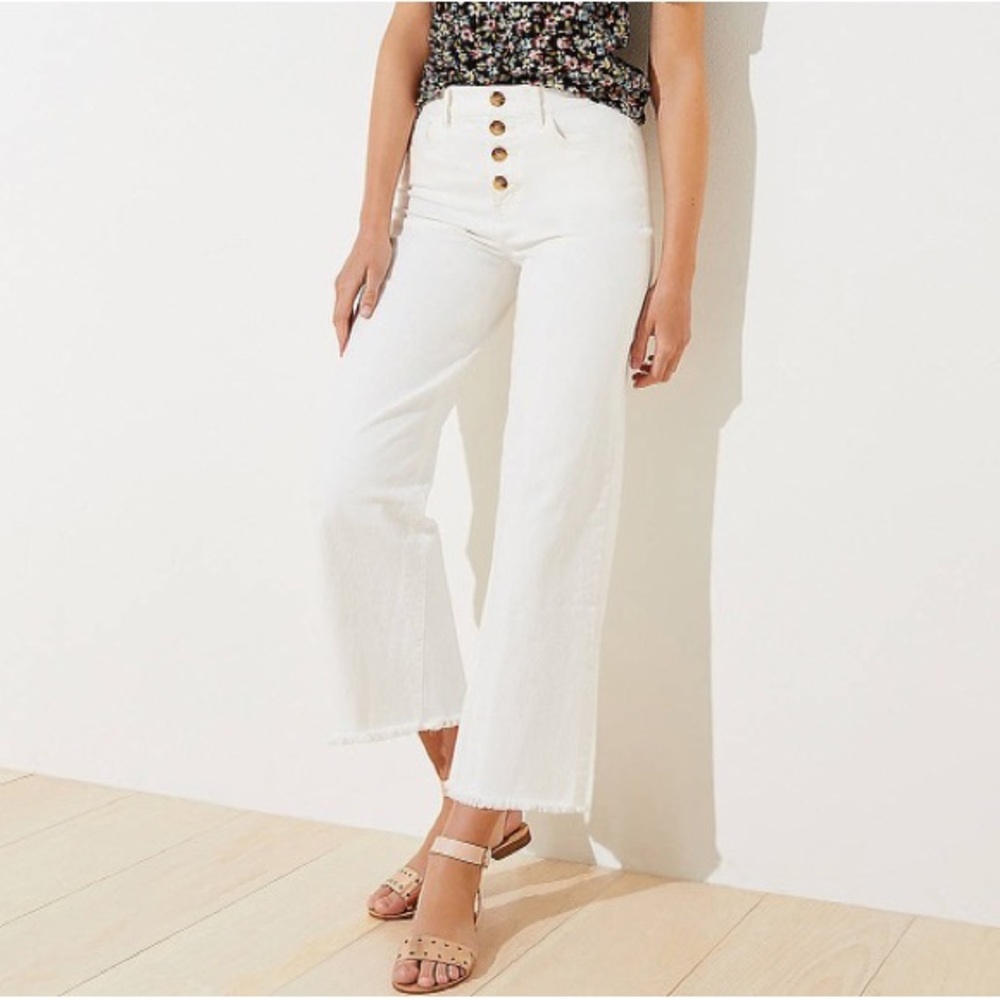 LOFT High Waist Wide Leg Crop Jeans in Popcorn Button Up Cream/White/Off-white